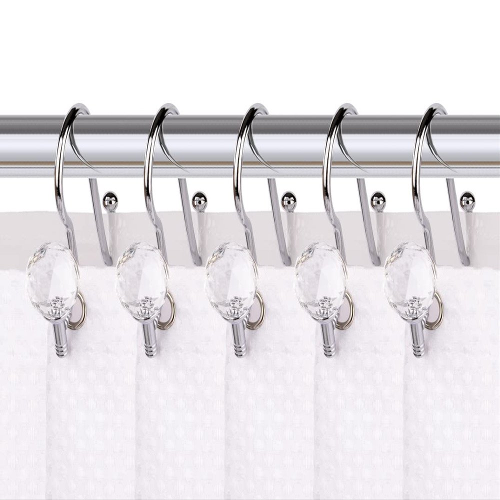 Utopia Alley HK18SS Polished Chrome Rustproof Zinc Double Shower Curtain Shower Hooks for Bathroom Crystal Design - Set of 12