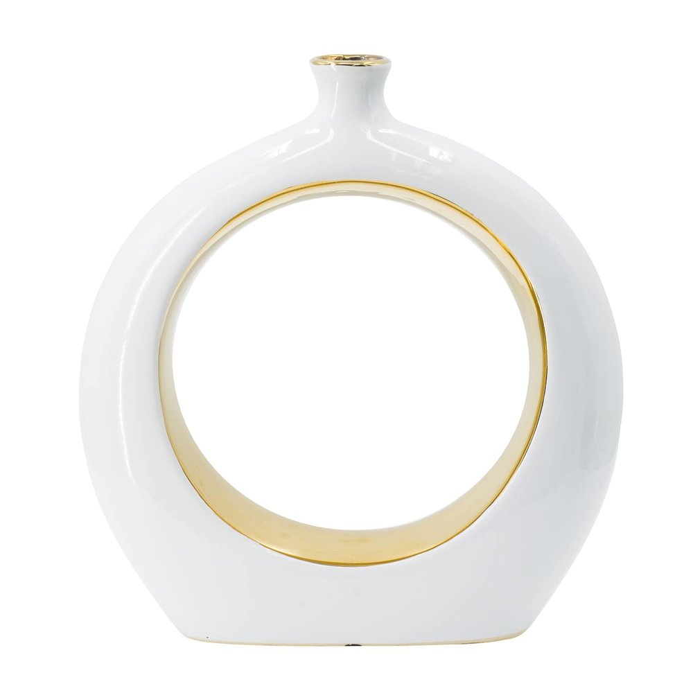 AB Home Modern Open Center Circular Vase with White and Gold Finish 8854