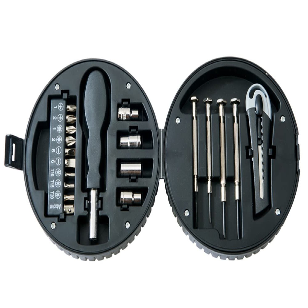 Creative Gifts International 20 Piece Tool Set | Tire Shaped Case | Compact Tool Kit | Screwdrivers Bits Sockets Knife | 2.25" X 5.25" | Gift Box Included