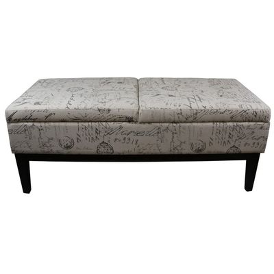 HomeRoots Beige Wood, Polyurethane Foam: 97%, Polyester Fabric: 3% Black and White Vintage Postcard Print Dual Lift Storage Bench