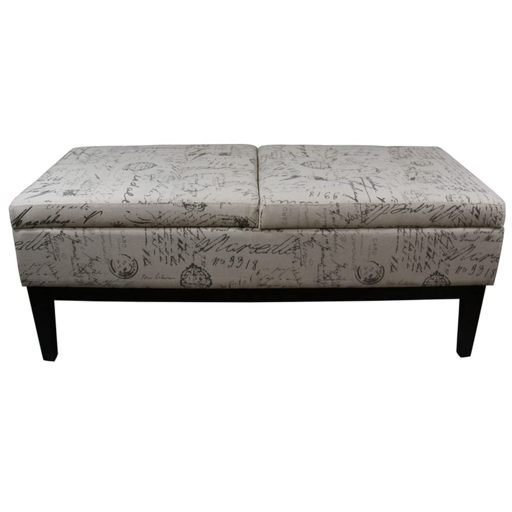 HomeRoots Beige Wood, Polyurethane Foam: 97%, Polyester Fabric: 3% Black and White Vintage Postcard Print Dual Lift Storage Bench