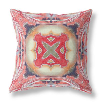 HomeRoots Pink Peach Red Broadcloth 18 Peach Red Geo Tribal Indoor Outdoor Throw Pillow