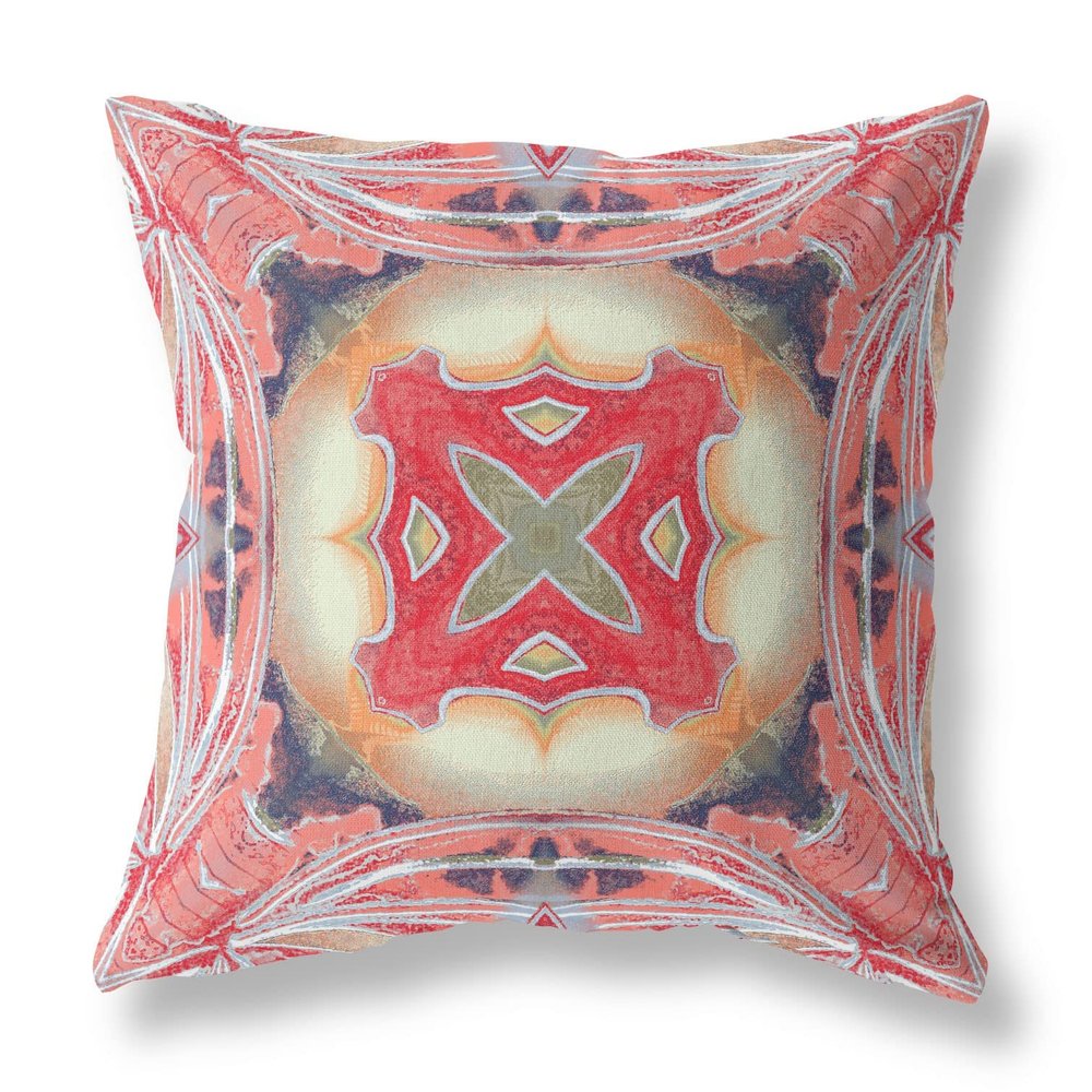 HomeRoots Pink Peach Red Broadcloth 18 Peach Red Geo Tribal Indoor Outdoor Throw Pillow
