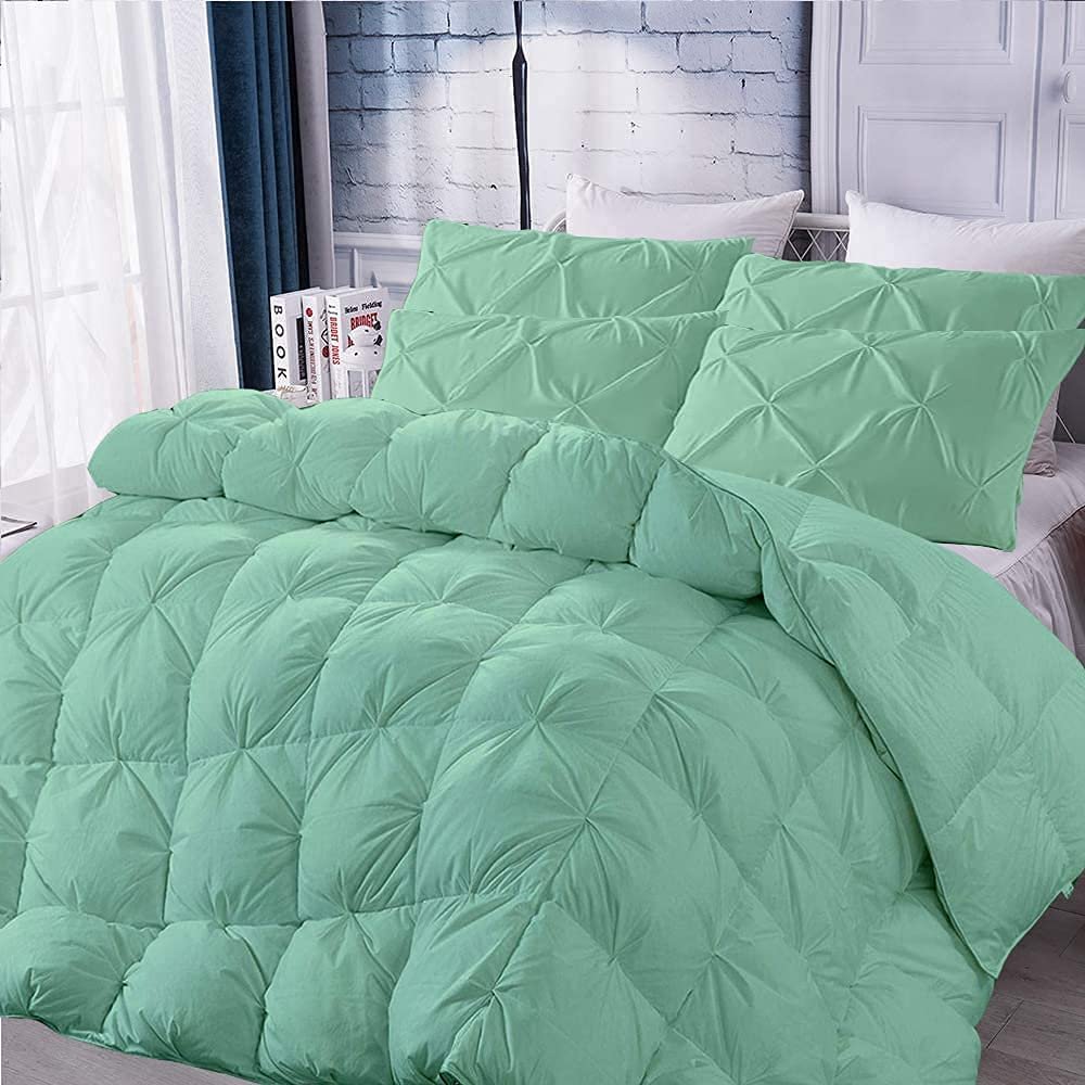 100% Soft Cotton Baffle Box Pinch Pleated 5 PC Comforter Set, Palatial King -Aqua Winter Warm Feather Duvet Insert Ultra Soft Breathable 500 GSM Fill Power Lightweight Comforter with 4 Shams