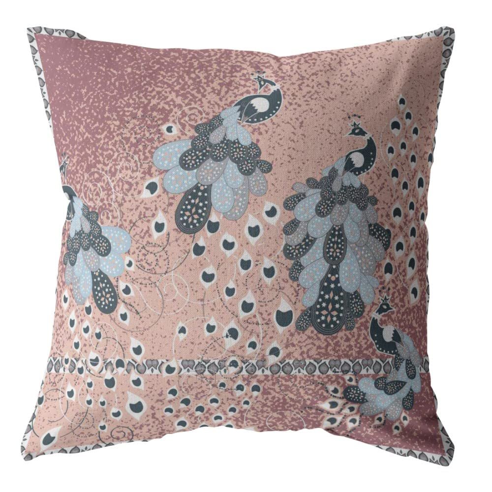 HomeRoots Blue On Muted Magenta Broadcloth 16 Dusty Pink Boho Bird Indoor Outdoor Throw Pillow