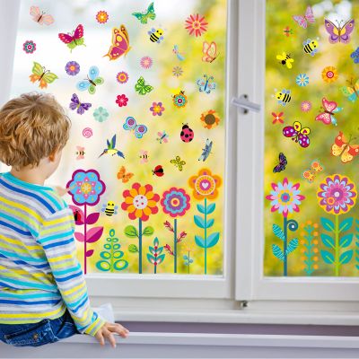 Yexiya 99 Pcs Summer Window Clings Flower Butterfly Window Decals for Glass Colorful PVC Reusable Spring Stickers for Summer Home Classroom Party Kids Room Decor(Fresh Style)