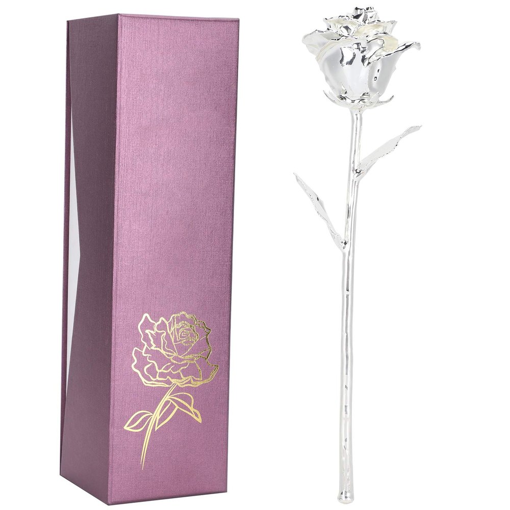 25th Anniversary Silver Rose, 24K Gold Dipped Flower Long Stem Forever Preserved Eternal Rose Present for Her Wife Mom, Birthday Valentine's Day Wedding