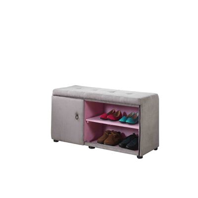 HomeRoots Wood, Polyurethane Foam: 97%, Polyester Fabric: 3% Light Gray and Pink Tufted Shoe Storage Bench