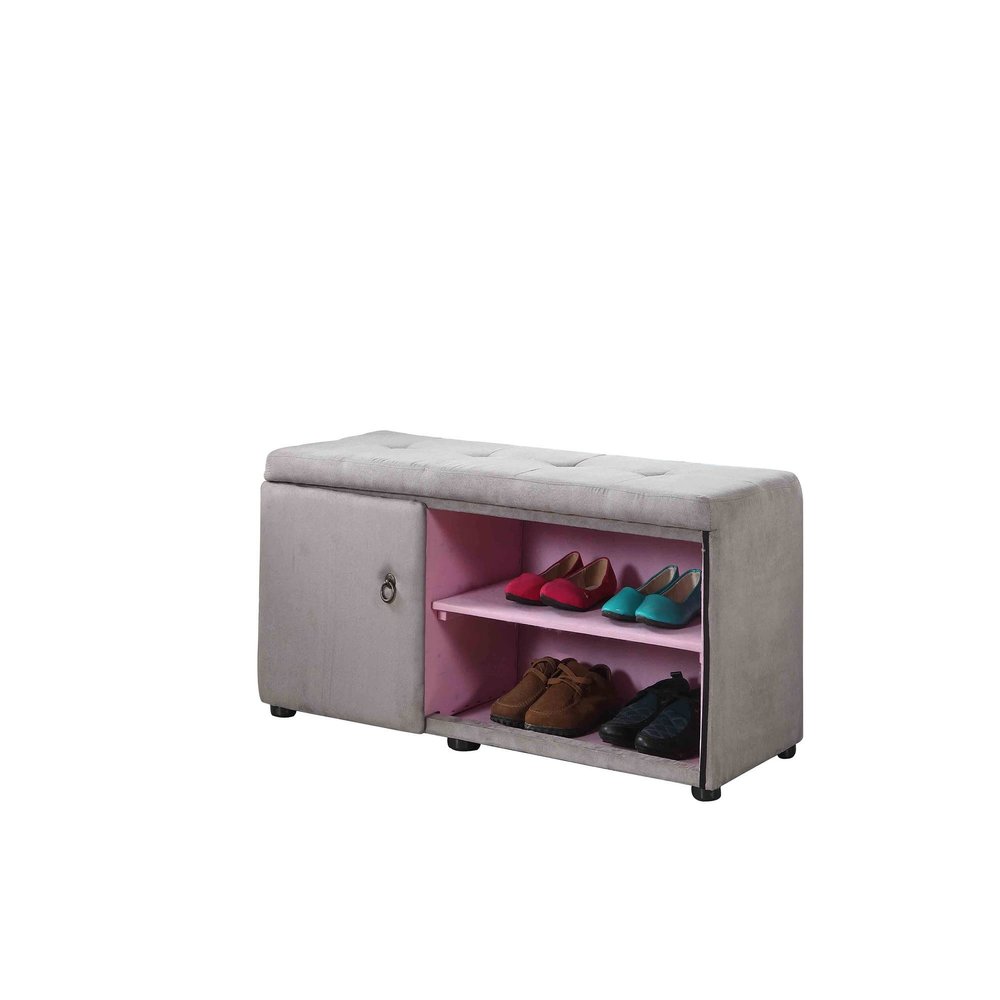 HomeRoots Wood, Polyurethane Foam: 97%, Polyester Fabric: 3% Light Gray and Pink Tufted Shoe Storage Bench