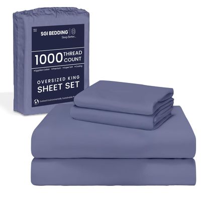 SGI bedding 108"x 108" 4 Pc Alaskan King Sheet Set 1000 Thread Count 100% Egyptian Cotton - Deep Pocket 18" Ultra Soft, Breathable, Hotel Quality Sheets, Oversized Bed Sheets, Mediterranean Blue
