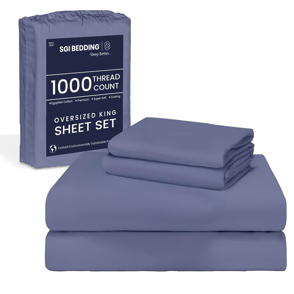 SGI bedding 108"x 108" 4 Pc Alaskan King Sheet Set 1000 Thread Count 100% Egyptian Cotton - Deep Pocket 18" Ultra Soft, Breathable, Hotel Quality Sheets, Oversized Bed Sheets, Mediterranean Blue