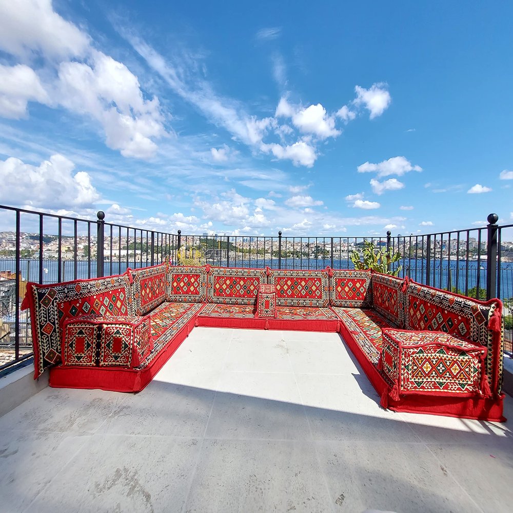U Shaped Arabic Sofa Set, Red Floor Couches, Sectional Sofas, Terrace Pallet Sofa, Floor Cushions, Arabic Majlis, Turkish Floor Seating Set (U Sofa Only)