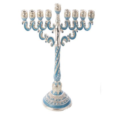 (D) Judaica Menorah Jewelled Blue Candle Holder with Decorative Stones
