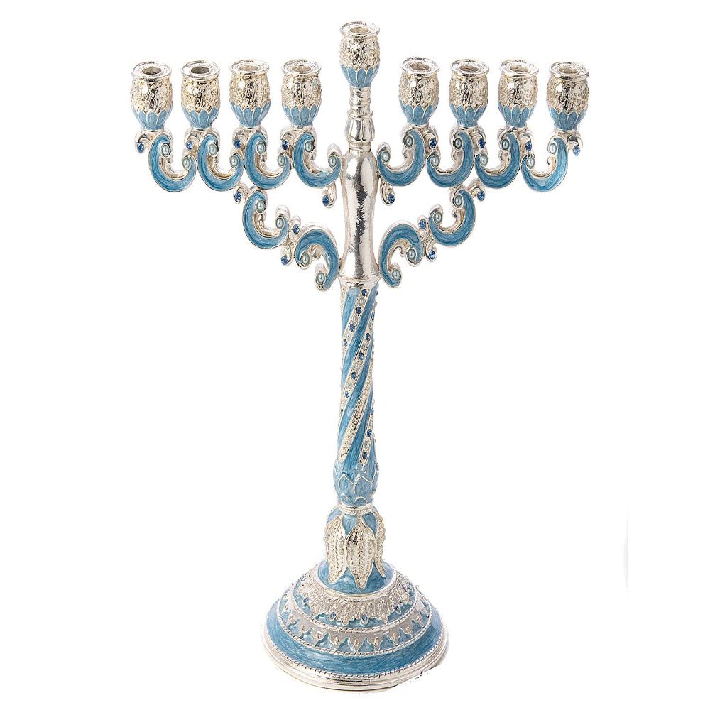 (D) Judaica Menorah Jewelled Blue Candle Holder with Decorative Stones