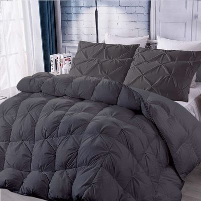 100% Soft Cotton Baffle Box Pinch Pleated 5 PC Comforter Set, Olympic Queen -Grey Winter Warm Feather Duvet Insert Ultra Soft Breathable 500 GSM Fill Power Lightweight Comforter with 4 Shams