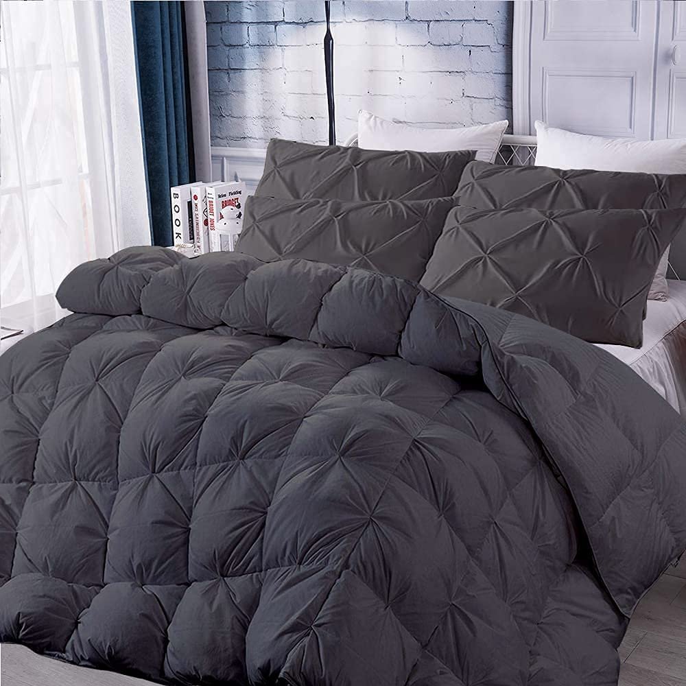 100% Soft Cotton Baffle Box Pinch Pleated 5 PC Comforter Set, Olympic Queen -Grey Winter Warm Feather Duvet Insert Ultra Soft Breathable 500 GSM Fill Power Lightweight Comforter with 4 Shams
