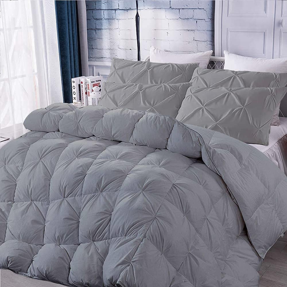 100% Soft Cotton Baffle Box Pinch Pleated 5 PC Comforter Set, Palatial King -Silver Winter Warm Feather Duvet Insert Ultra Soft Breathable 500 GSM Fill Power Lightweight Comforter with 4 Shams