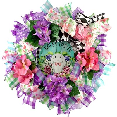 Easter Spring Wreath with Bunny, Hydrangeas, Handmade Chiffon Floral Ornament with Butterfly, Spring Front Door Decorations for Outside