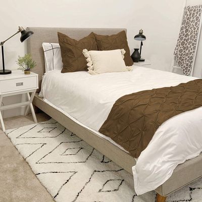 California King Size 400 Thread Count 3 Piece Pinch Pleated Bed Runner (1 Bed Runner + 2 Euro Shams) Taupe Solid 100% Egyptian Cotton Soft Fade-Resistant Easy Care Decorative Bed Scarf