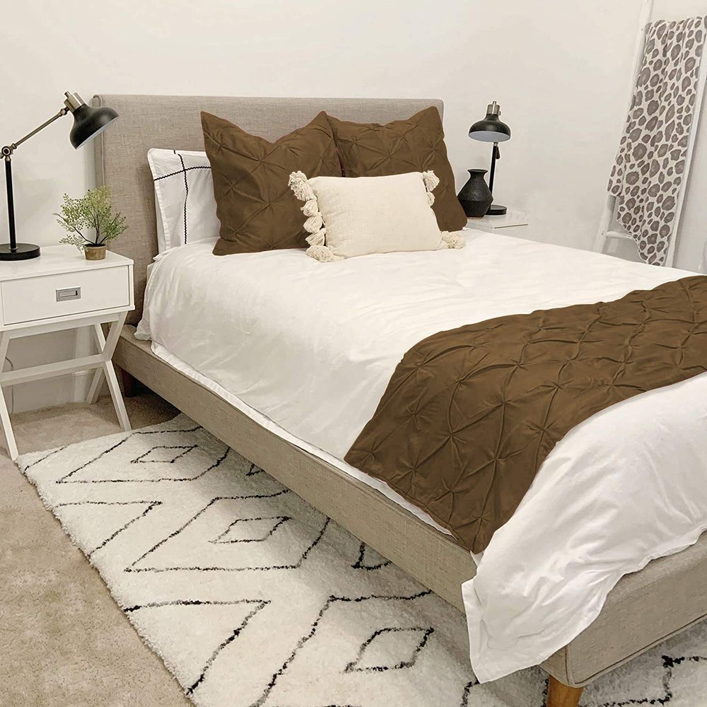 California King Size 400 Thread Count 3 Piece Pinch Pleated Bed Runner (1 Bed Runner + 2 Euro Shams) Taupe Solid 100% Egyptian Cotton Soft Fade-Resistant Easy Care Decorative Bed Scarf