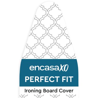 Encasa XO Ironing Board Cover and Pad 54"x15" Standard Size - Thick 3mm Felt Padded Iron Board Cover with Padding, Scorch & Stain Resistant Cotton, Heavy Duty Drawstring, Snug Fit - White Tiles
