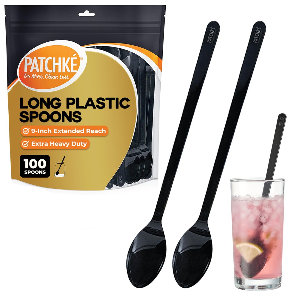 100-Pack 9-Inch Black Heavy Duty Long Handle Plastic Spoons Durable Big Capacity Disposable Spoons for Shakes, Smoothies, Ice Cream & Deep Jars