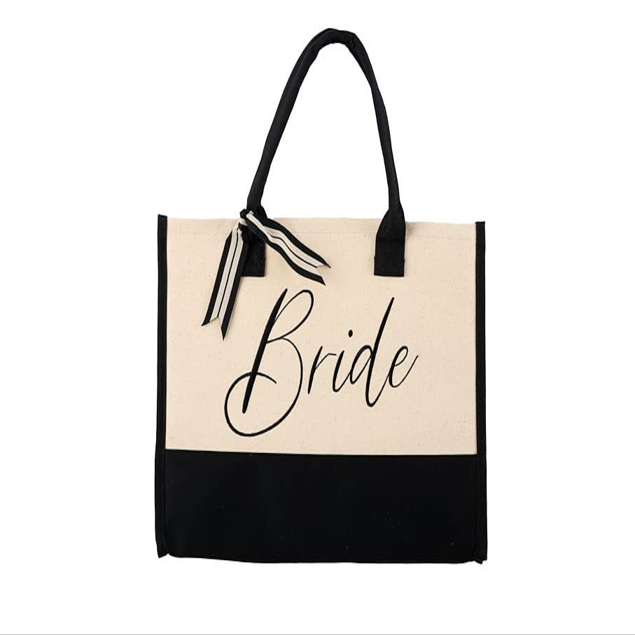 Mud Pie Classic Black and White Canvas Tote Bag, BRIDE, 17" x 19" x 2"