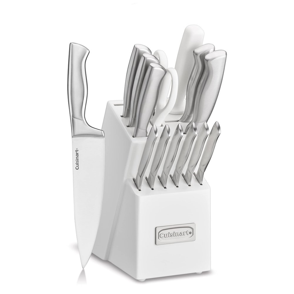 Cuisinart Professional Block Knife Set, 15pc Cutlery Knife Set with Steel Blades for Precise Cutting, Lightweight, Stainless Steel Durable & Dishwasher Safe, White