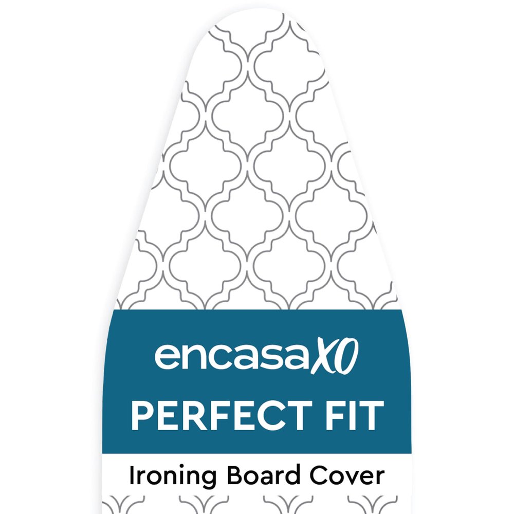 Encasa XO Ironing Board Cover and Pad 49"x18" Standard Size - Thick 3mm Felt Padded Iron Board Cover with Padding, Scorch & Stain Resistant Cotton, Heavy Duty Drawstring, Snug Fit - White Tiles