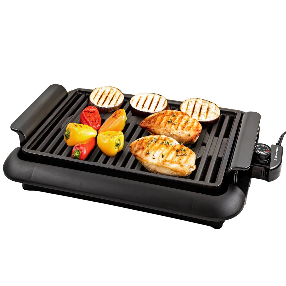 OVENTE Electric Indoor Grill with 15x10 Inch Non-Stick Cooking Surface, 1200W Fast Heat Up Power, Adjustable Temperature, Removable and Dishwasher Safe Grilling Plate and Drip Tray, Black GD1510NLB
