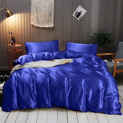 Rico Bedding 100% Pure Silk Satin Duvet with Fitted Sheet Set 4pcs, Silk Satin Fitted Sheet 15'' Deep Pocket,Silk Satin Duvet Cover,Silk Satin Pillowcases Set(Twin Royal Blue)