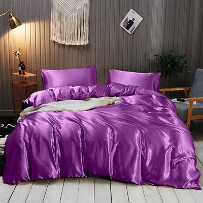 Rico Bedding 100% Pure Silk Satin Duvet with Fitted Sheet Set 4pcs, Silk Satin Fitted Sheet 15'' Deep Pocket,Silk Satin Duvet Cover,Silk Satin Pillowcases Set(King Purple)