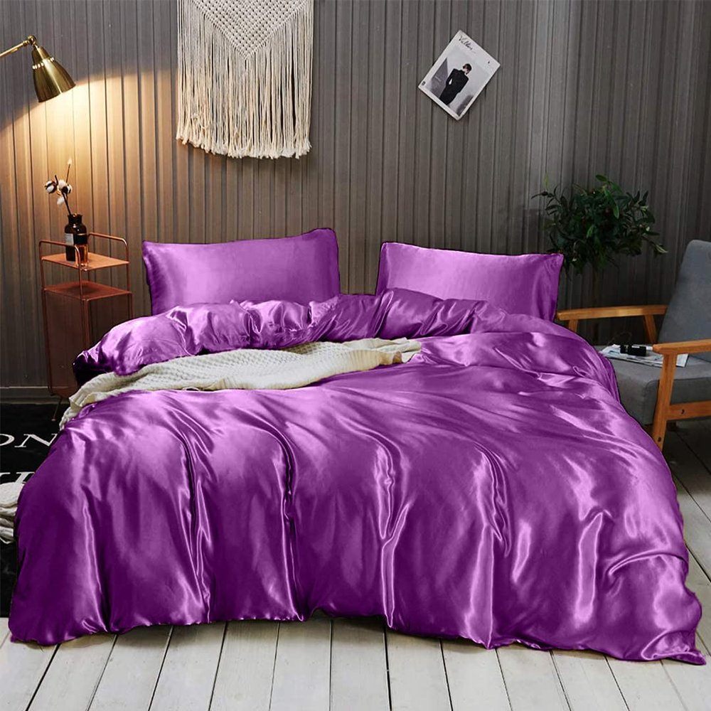 Rico Bedding 100% Pure Silk Satin Duvet with Fitted Sheet Set 4pcs, Silk Satin Fitted Sheet 15'' Deep Pocket,Silk Satin Duvet Cover,Silk Satin Pillowcases Set(King Purple)