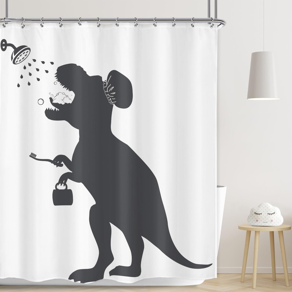 Funny Dinosaur Dino Kids Trex Raptor Silhouette Bathroom Shower Curtain Set