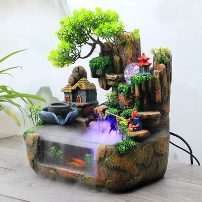 15" LED Desktop Fountain Waterfall Decor, Atomizing Desktop Humidifier w/LED Lights & Atomizer for Office Home Desk Decoration Gift Zen Meditation Resin Rockery Water Fountain Bonsai Bedroom Relax