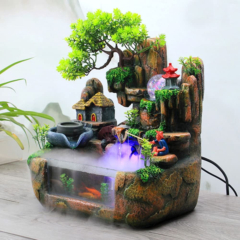 15" LED Desktop Fountain Waterfall Decor, Atomizing Desktop Humidifier w/LED Lights & Atomizer for Office Home Desk Decoration Gift Zen Meditation Resin Rockery Water Fountain Bonsai Bedroom Relax