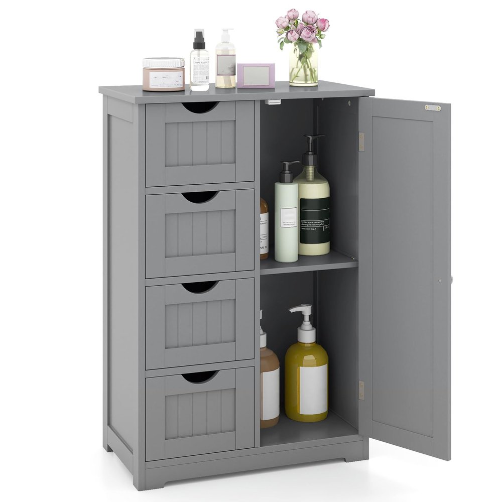 Tangkula Bathroom Floor Cabinet, Freestanding Storage Cabinet with 4 Drawers & Single Door, Adjustable Shelf, Multipurpose Bathroom Storage for Home Office, 21.5 x 12 x 32.5 Inches (Grey)