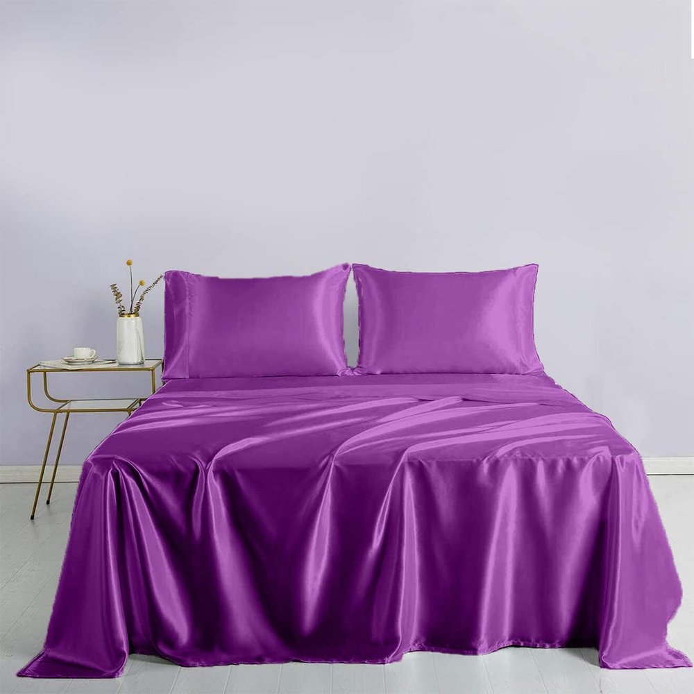 Rico Bedding Silk Satin Sheets Set with 15'' to 18'' Deep Pocket -Hotel Luxury Bed Sheets - Extra Soft - Deep Pockets - Breathable & Cooling - Wrinkle Free - Comfy- Bed Sheets -(Queen Plum)