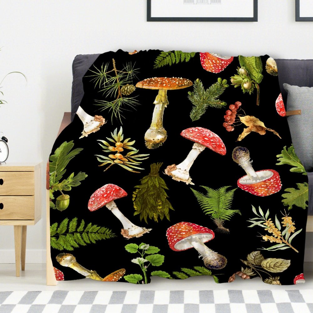 Avalokitesvara Mushroom Pattern Flannel Blanket Super Soft and Warm for Bed Couch Sofa 120x90 Inch for Family