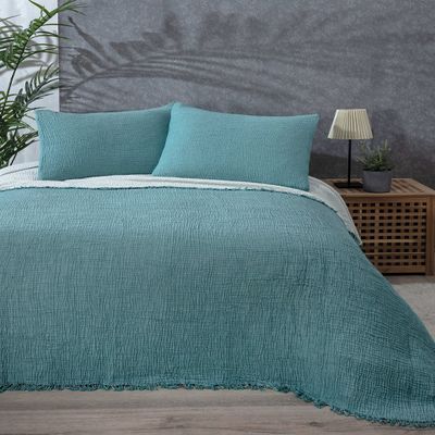 DEKADRON 100% Cotton Muslin Throw Blanket, 4 Layers Bedspread, Soft Turkish Cotton Muslin Bed Cover, Reversible Coverlet, Turquoise (Twin Size 63x90-160x230cm)