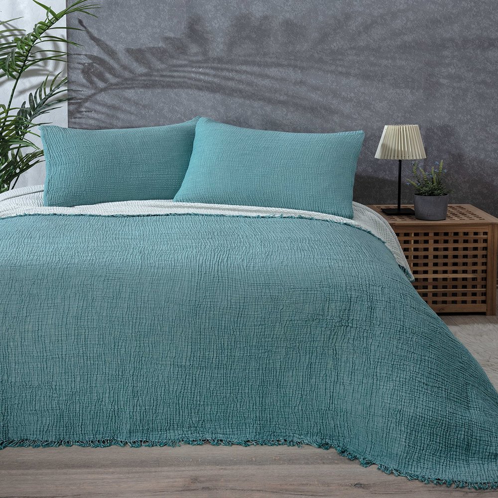 DEKADRON 100% Cotton Muslin Throw Blanket, 4 Layers Bedspread, Soft Turkish Cotton Muslin Bed Cover, Reversible Coverlet, Turquoise (Twin Size 63x90-160x230cm)