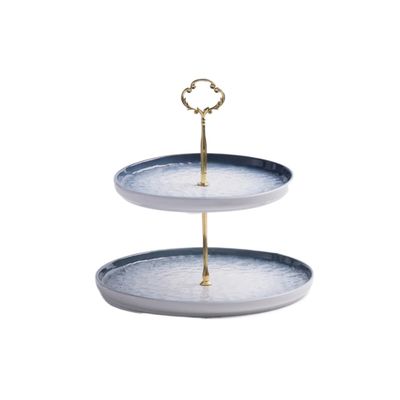 2-tier Cake Stand Ceramic Dessert Table with Metal Handle Multi-purpose Cupcake Display Stand Afternoon Tea Pastry Serving Tray (Color : Blue, Size : Large)