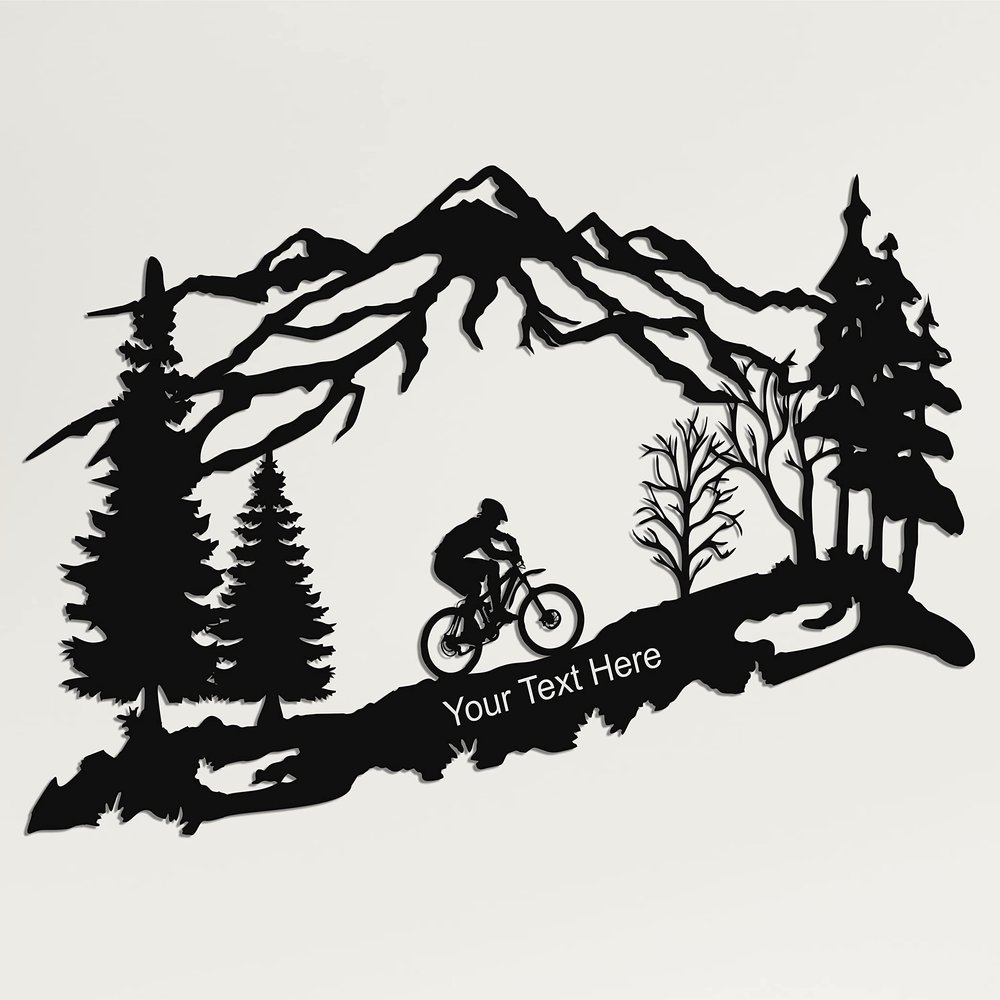 Metal Custom Biker Wall Art, Mountain Tree and Cyclist Themed Wall Art, Metal Wall Dcor, Personalized Bicycle Lover Gift, Home Decoration, Wall Hangings (30"W x 19"H / 75x48 cm)