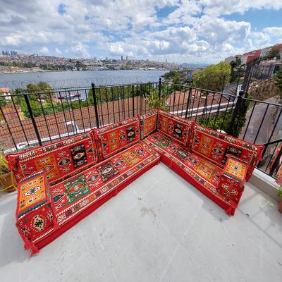 Red Orange Floor Sofa Seating Set, Arabic Floor Sofa Set, Garden Sofas, Oriental Floor Seating, Floor Cushions, Floor Couches, Arabic Majlis (L Sofas Only)