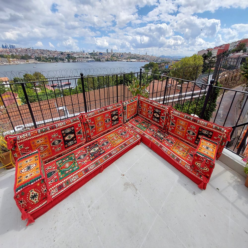 Red Orange Floor Sofa Seating Set, Arabic Floor Sofa Set, Garden Sofas, Oriental Floor Seating, Floor Cushions, Floor Couches, Arabic Majlis (L Sofas Only)