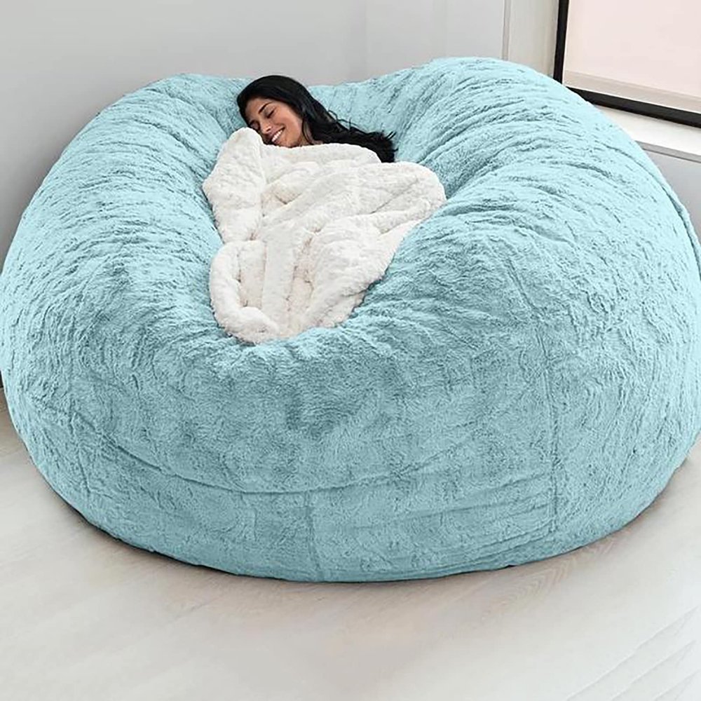 Bean Bag Chair Cover, 5FT/6TF/7FT Giant Breathable and Comfortable Without Filling BeanBag Lazy Sofa Cover for Adult Living Room Light Grey Big Round Soft Fluffy Faux Fur Cover