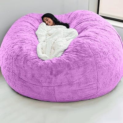 Bean Bag Chair Cover, 5FT/6TF/7FT Giant Breathable and Comfortable Without Filling BeanBag Lazy Sofa Cover for Adult Living Room Light Grey Big Round Soft Fluffy Faux Fur Cover