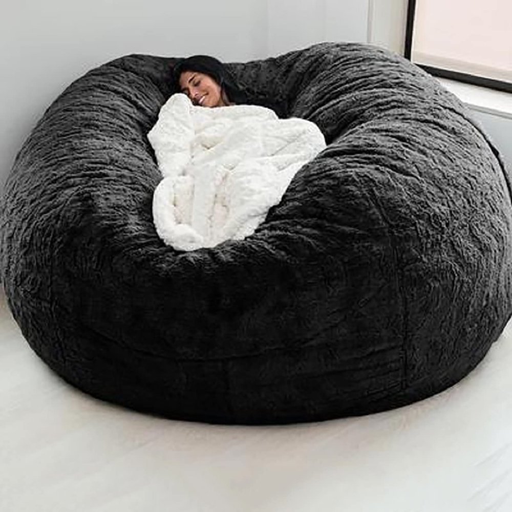 Bean Bag Chair Cover, 5FT/6TF/7FT Giant Breathable and Comfortable Without Filling BeanBag Lazy Sofa Cover for Adult Living Room Light Grey Big Round Soft Fluffy Faux Fur Cover