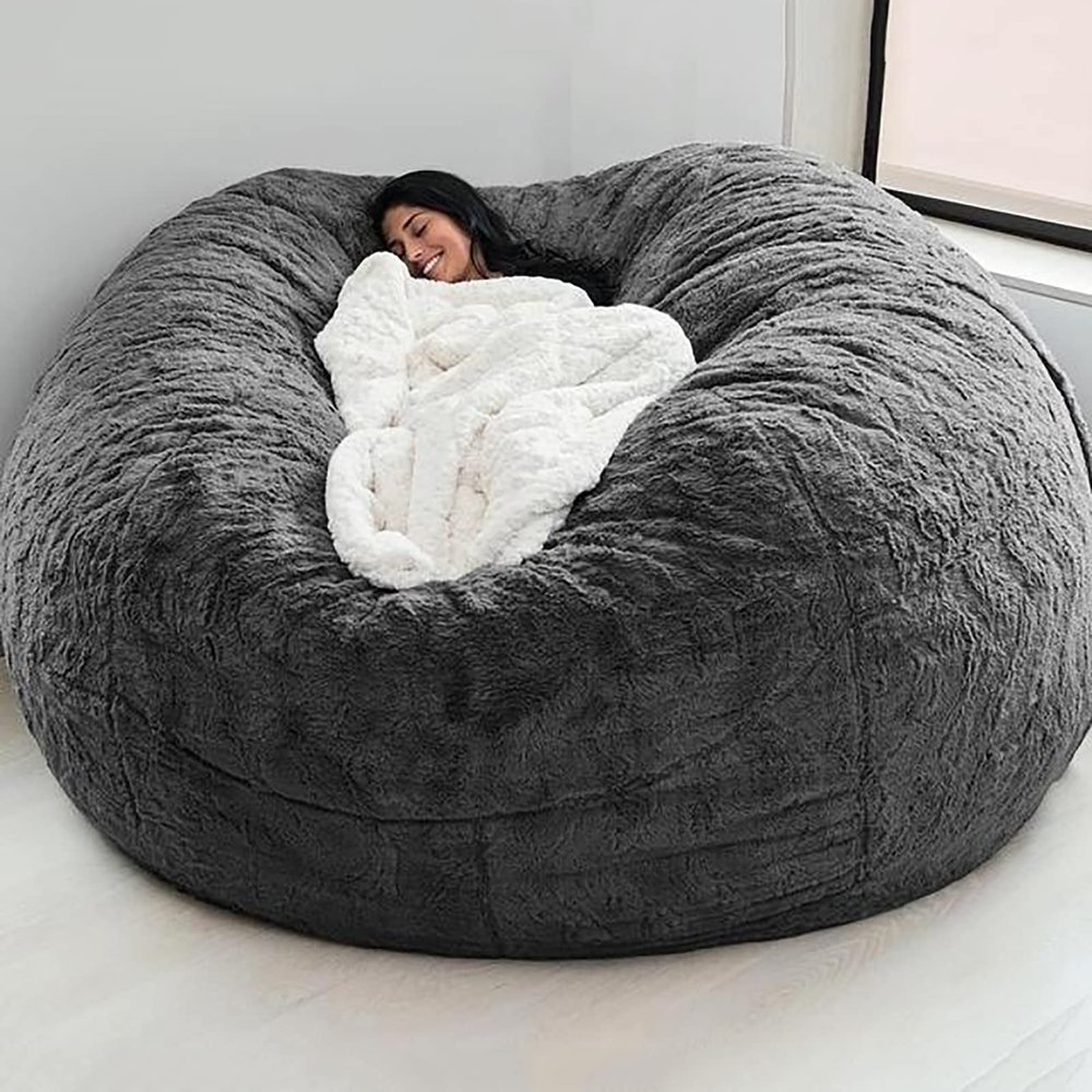 Bean Bag Chair Cover, 5FT/6TF/7FT Giant Breathable and Comfortable Without Filling BeanBag Lazy Sofa Cover for Adult Living Room Light Grey Big Round Soft Fluffy Faux Fur Cover