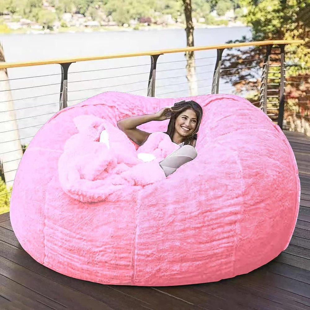 Bean Bag Chair Cover, 5FT/6TF/7FT Giant Breathable and Comfortable Without Filling BeanBag Lazy Sofa Cover for Adult Living Room Light Grey Big Round Soft Fluffy Faux Fur Cover